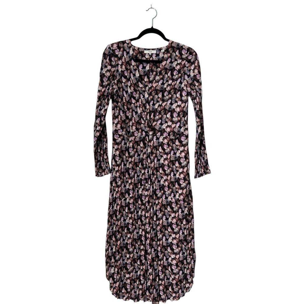 VINCE Micro Painted Floral Twist Drape Midi Dress‎ Womens Size 10 Pleated A-Line